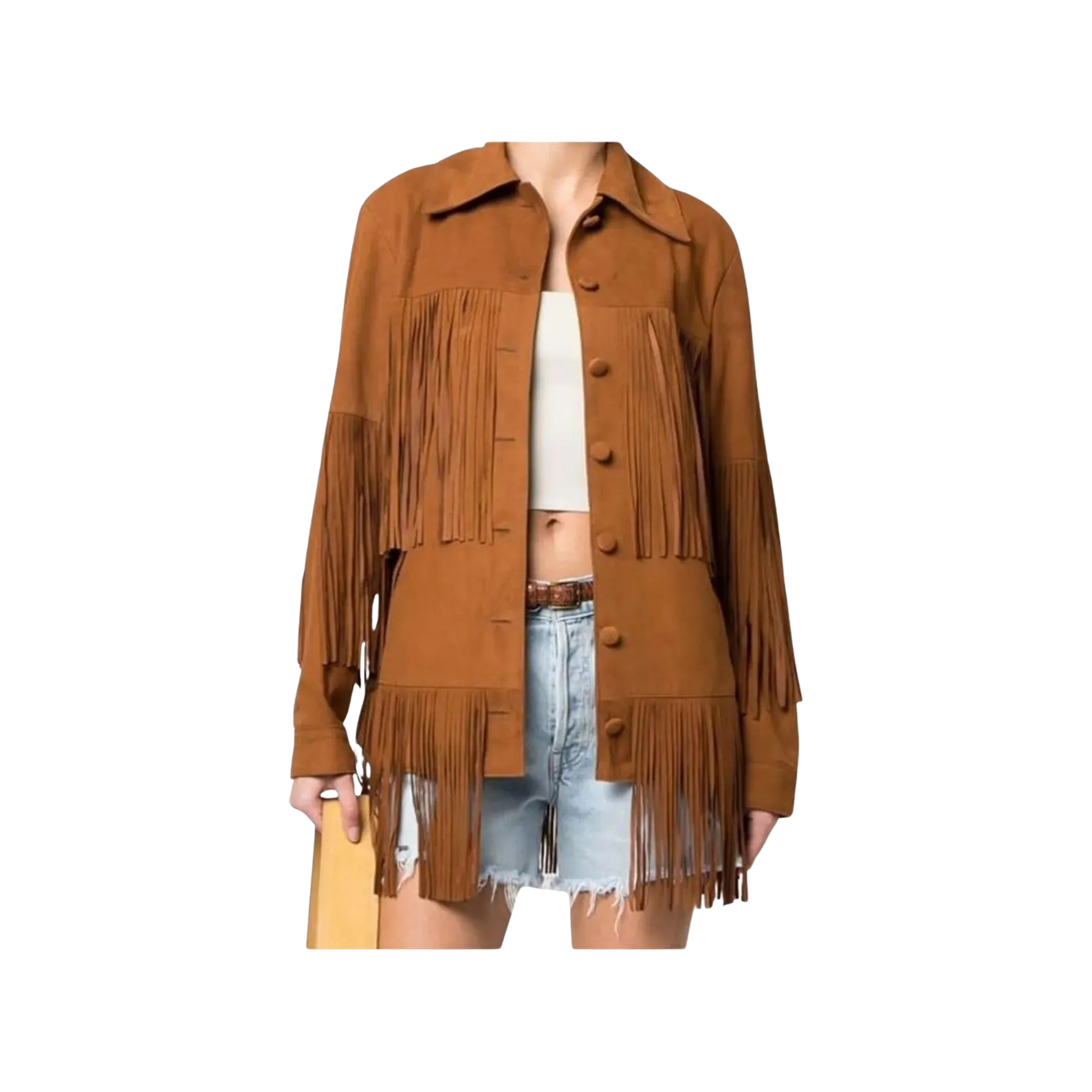 Brown fringed jacket worn by a person 
