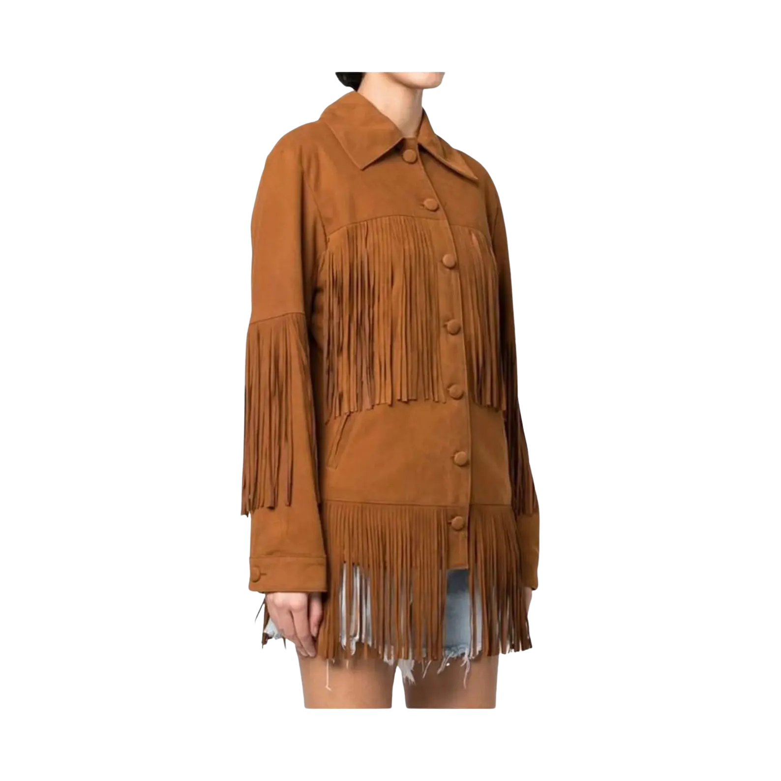 Brown fringed jacket worn by a person