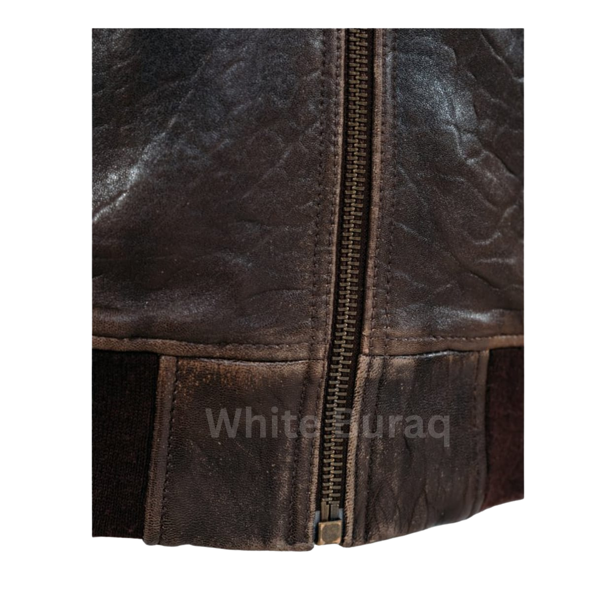 Close-up of a brown leather jacket with a zipper 