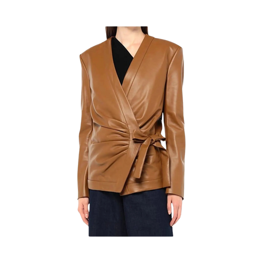 Brown leather wrap-style jacket 