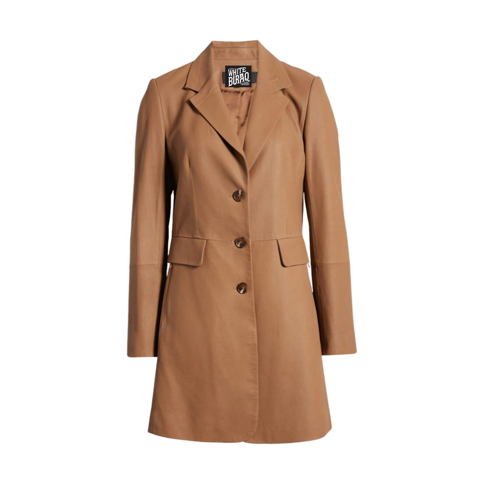 Brown coat with a visible brand label 