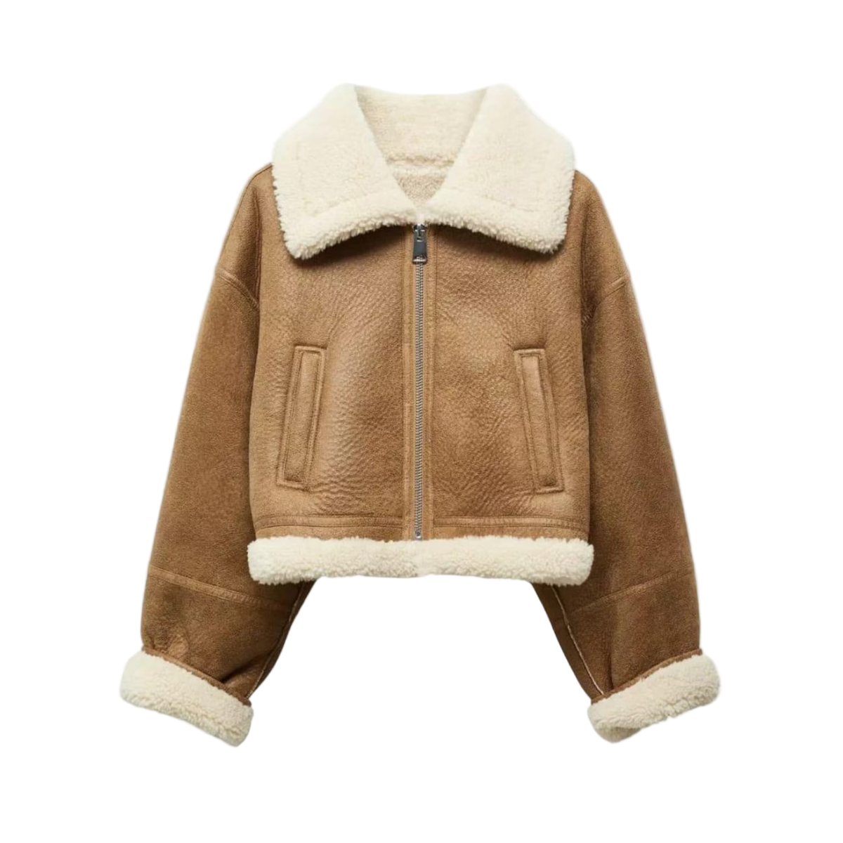 Brown jacket with white fur lining 