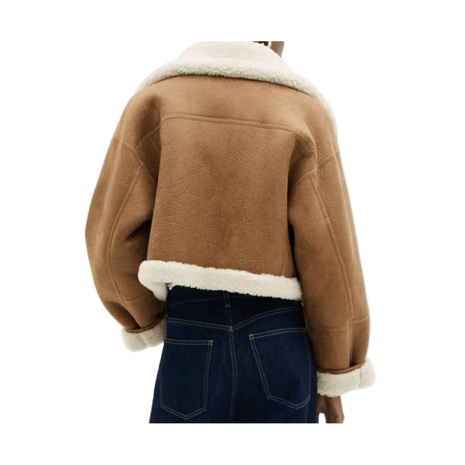 Brown jacket with white fur lining worn by a person