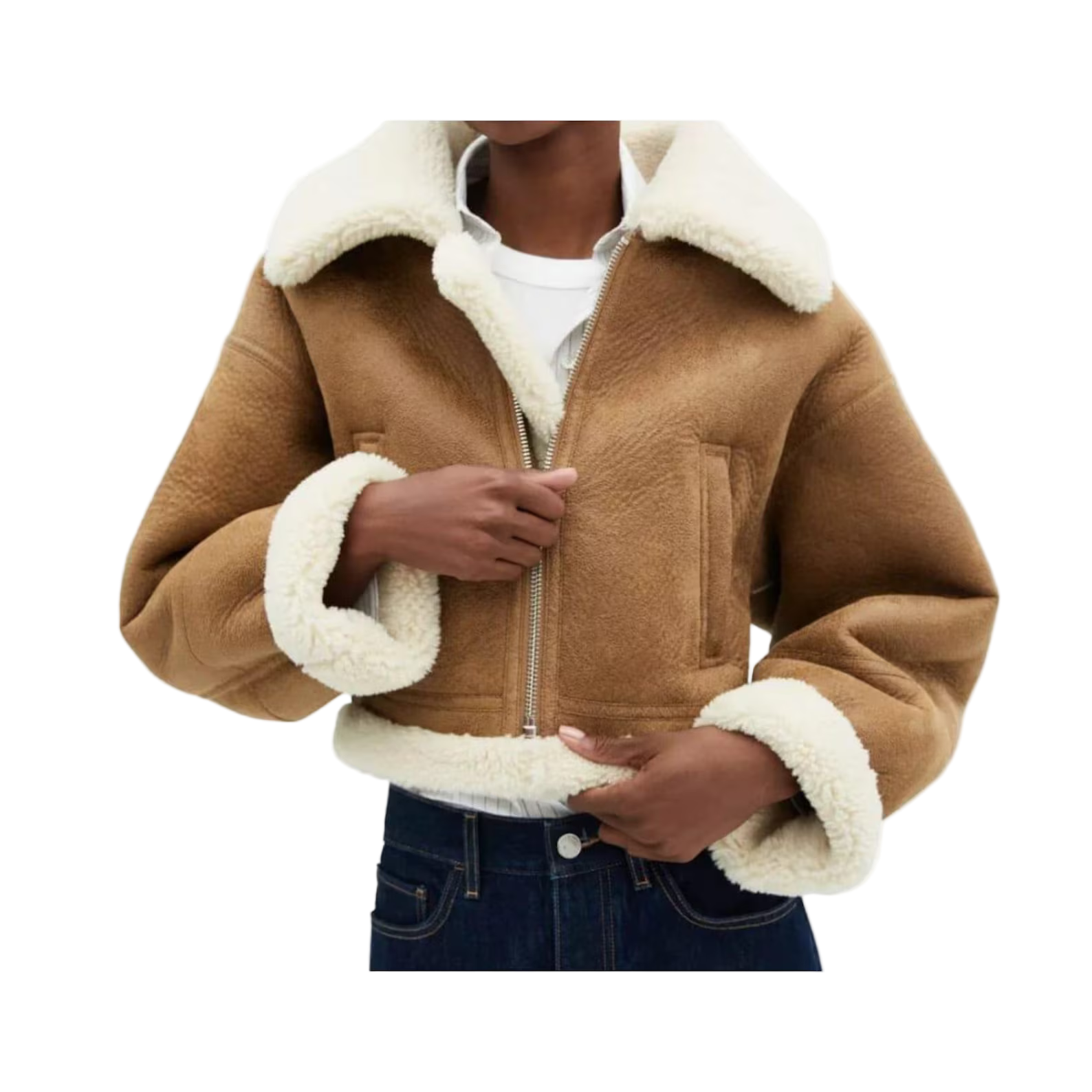 Brown jacket with white fur lining