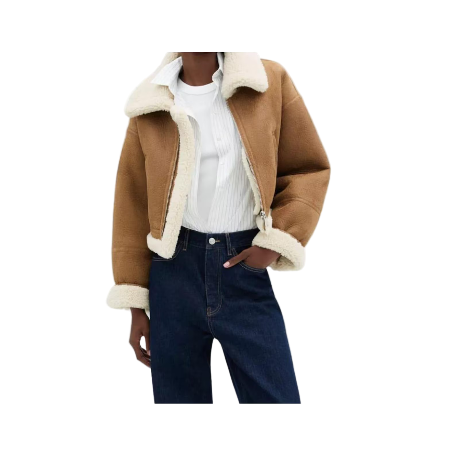 Brown shearling jacket with white trim worn by a person 