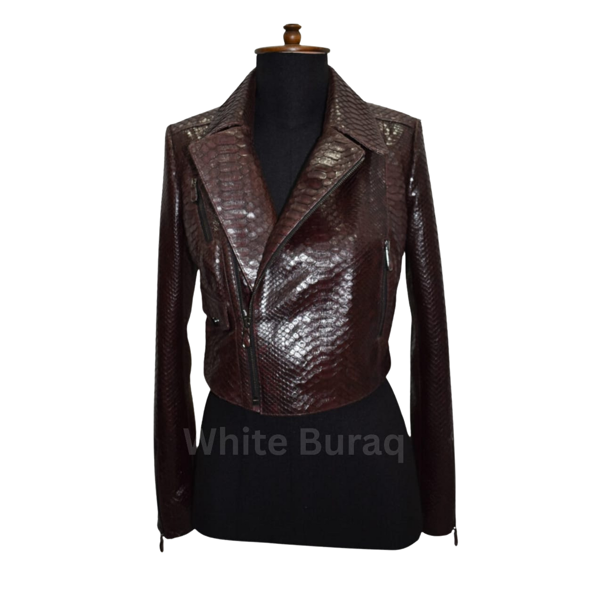 Burgundy leather jacket on a mannequin 