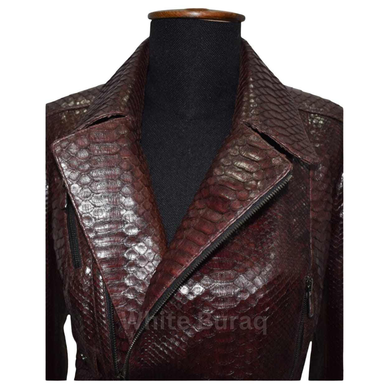 Brown leather jacket with crocodile texture on a mannequin 