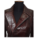 Brown leather jacket with crocodile texture on a mannequin 