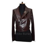 Burgundy leather jacket on a mannequin 