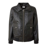 Black leather jacket with a brand label 