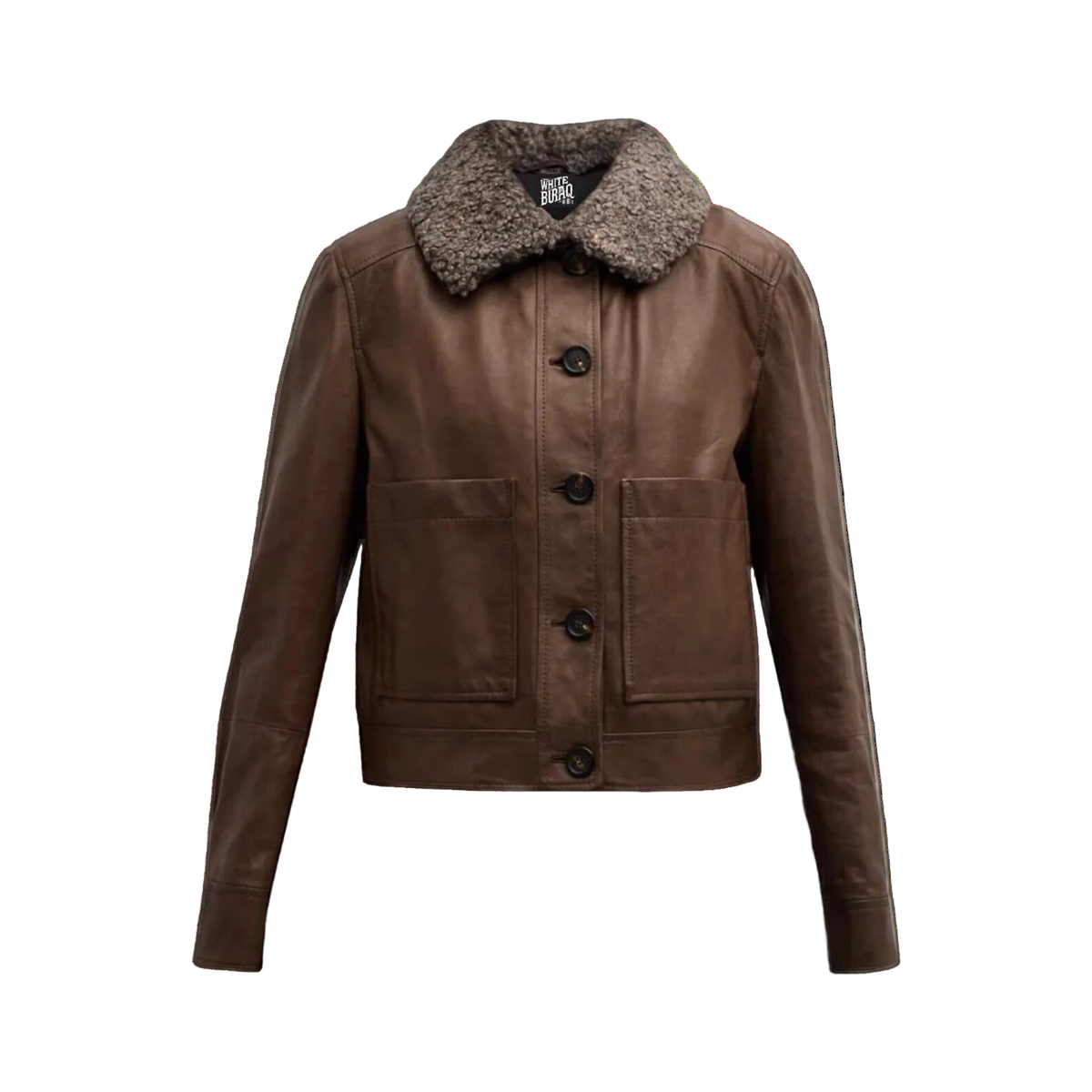 Brown leather jacket with a fur collar 