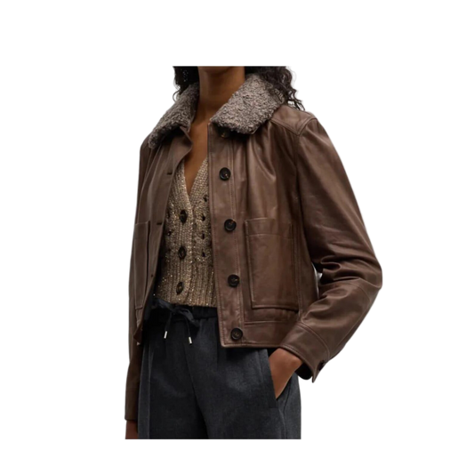 Black leather jacket with white fur lining 