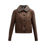 Brown leather jacket with a fur collar 