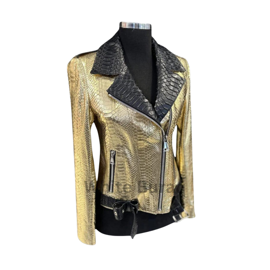 Gold leather jacket with black accents
