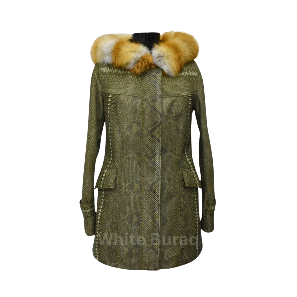 Green patterned coat with a fur-lined hood 