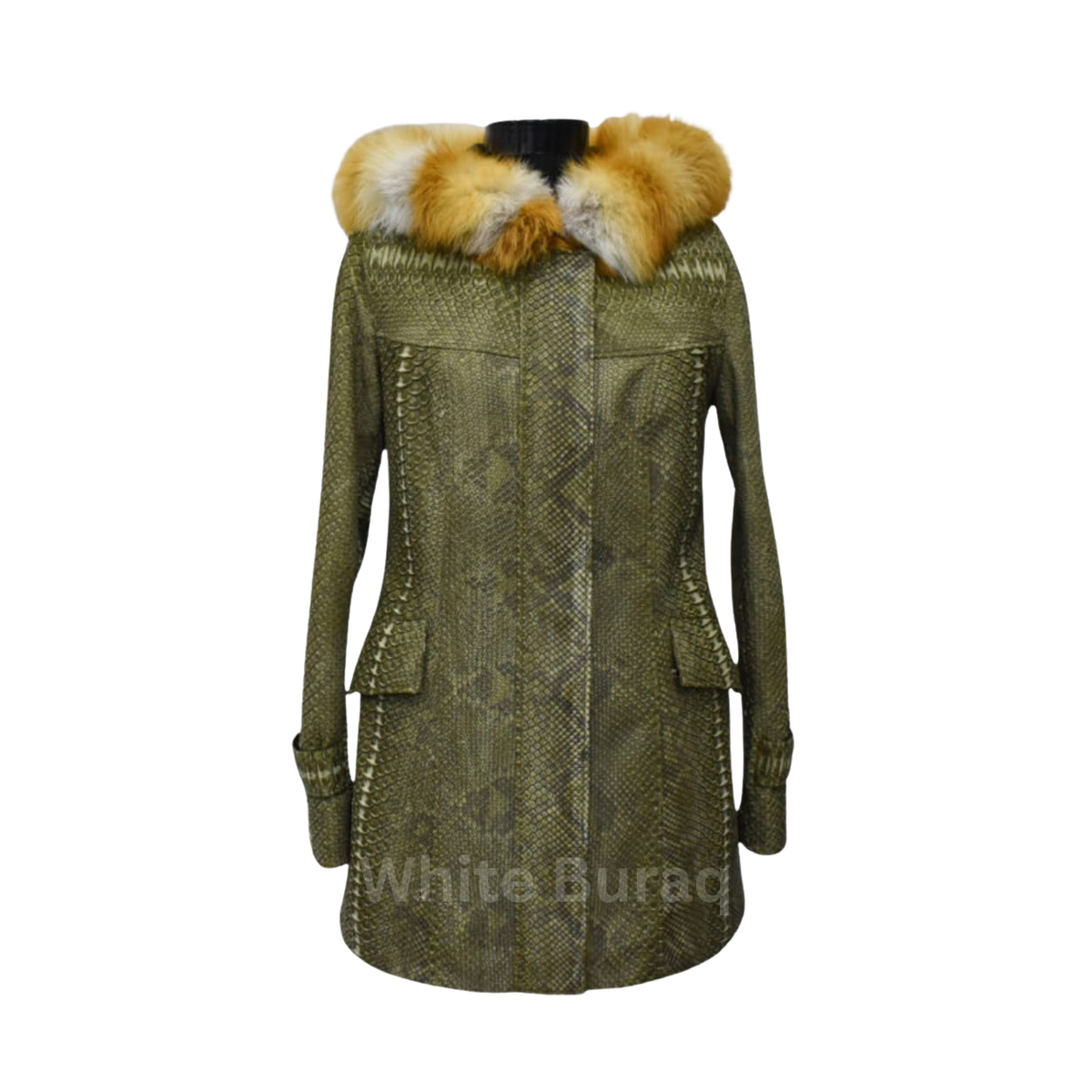 Green patterned coat with a fur-lined hood 