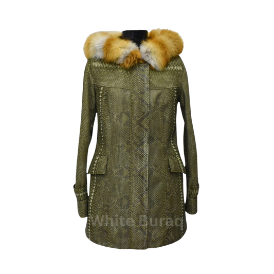 Green patterned coat with a fur-lined hood 