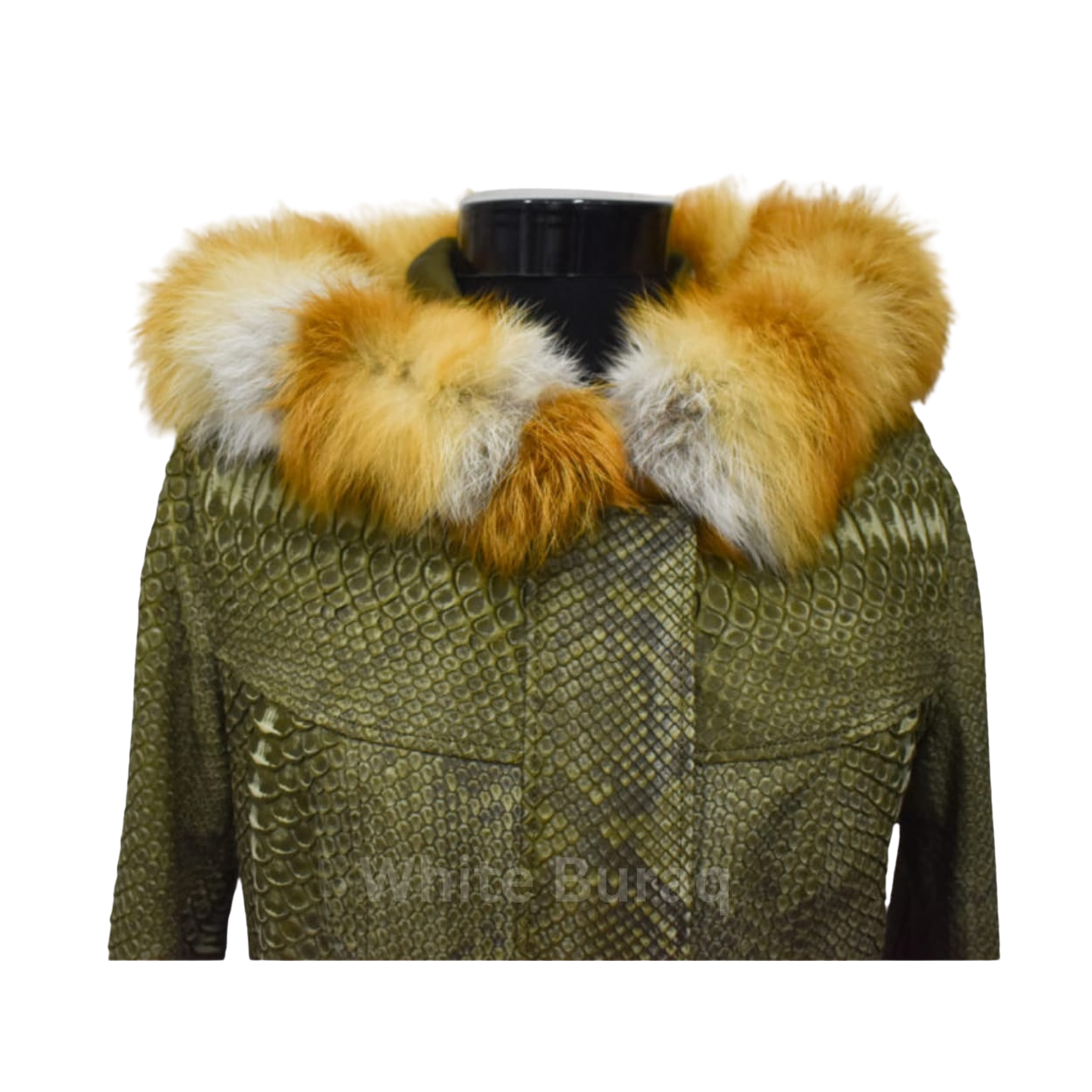 Green textured coat with a fur-lined hood 