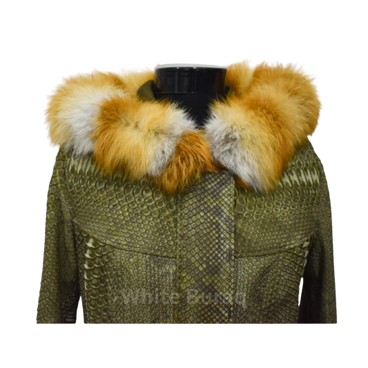 Green textured coat with a fur-lined hood 