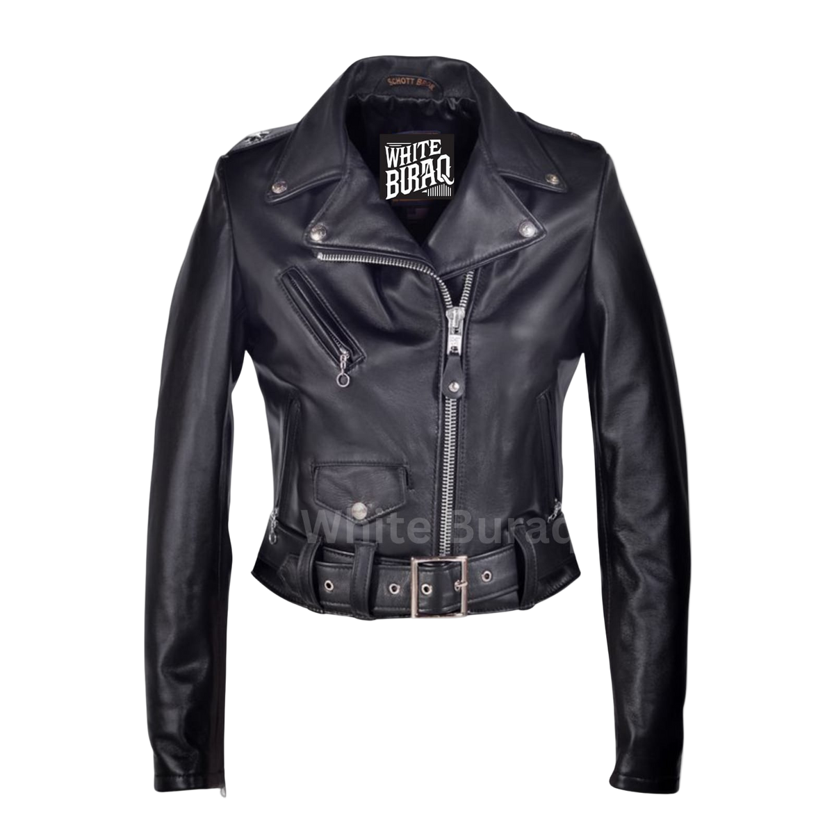 Black leather jacket with visible branding 