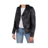 Black leather jacket worn by a person 