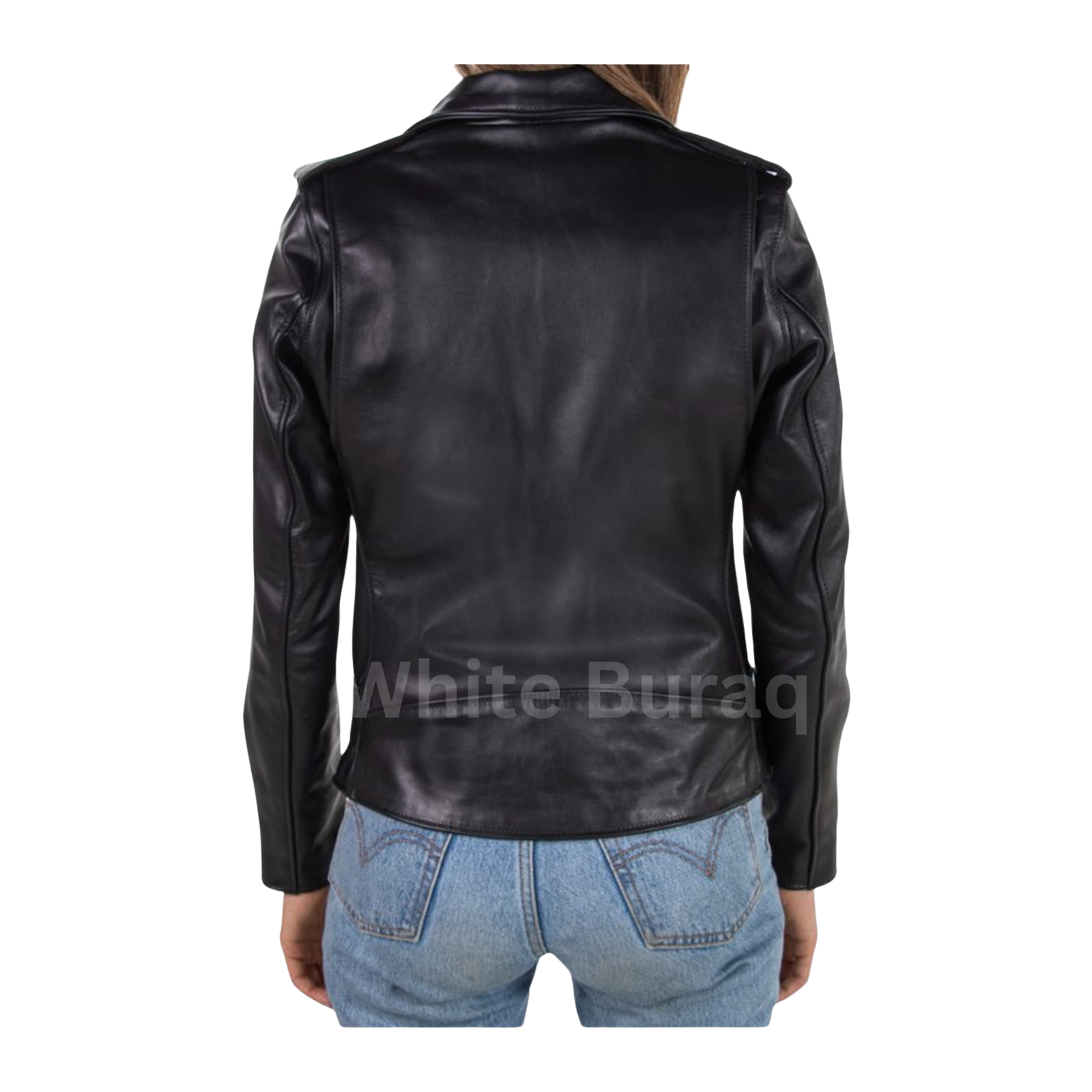 Black leather jacket worn by a person 