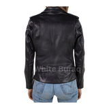 Black leather jacket worn by a person 