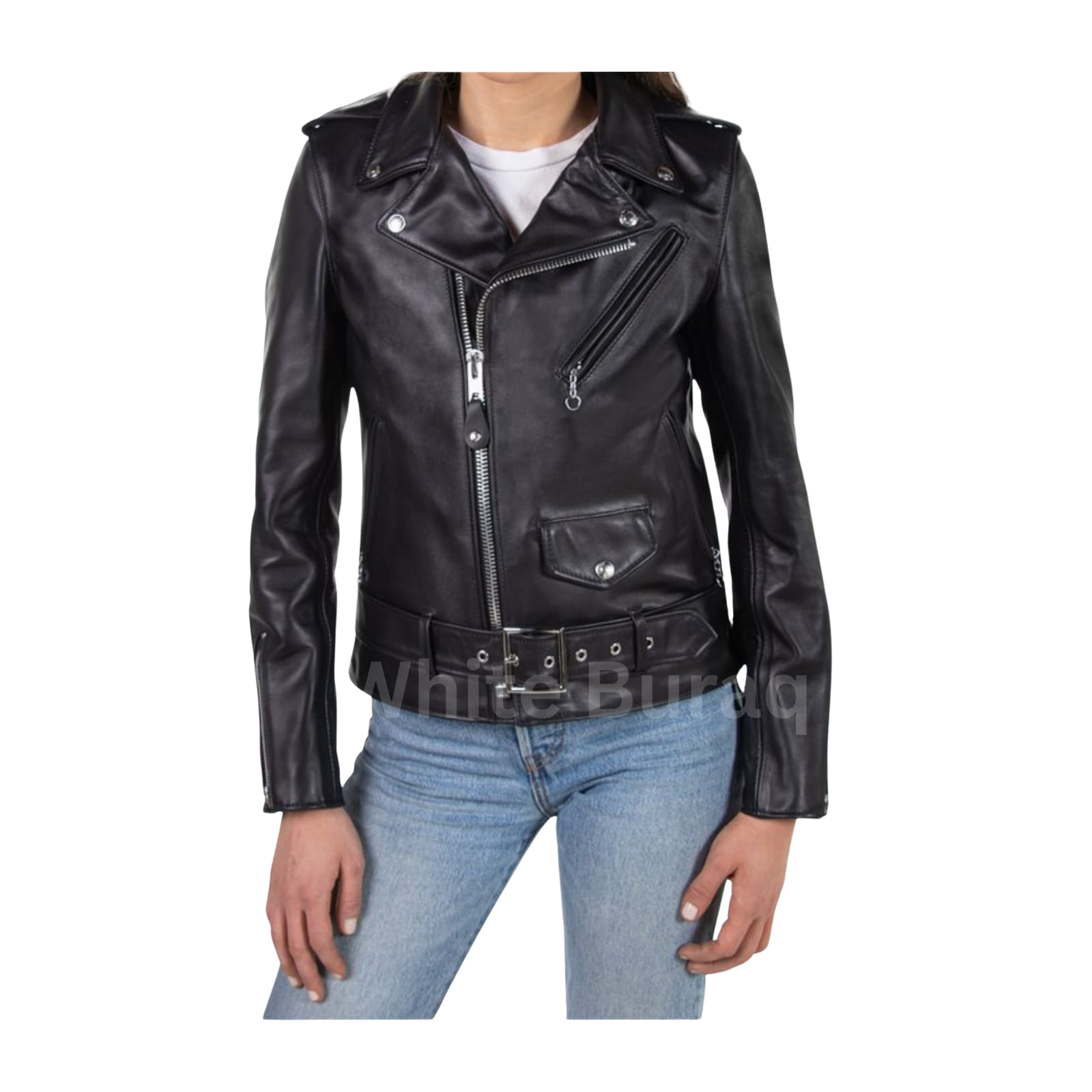 Black leather jacket worn by a person 