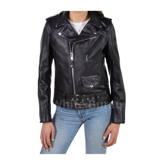 Black leather jacket worn by a person 