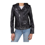 Black leather jacket worn by a person 