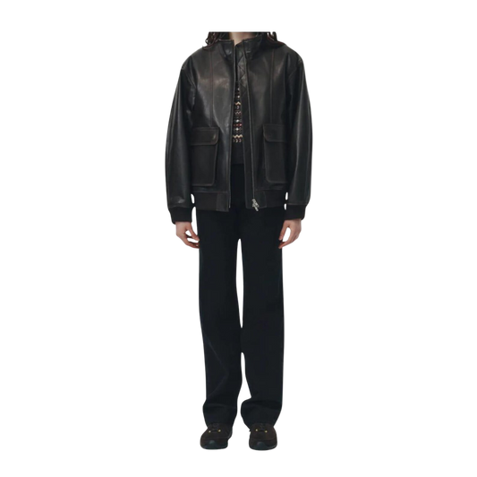 Person wearing a black leather jacket and pants 