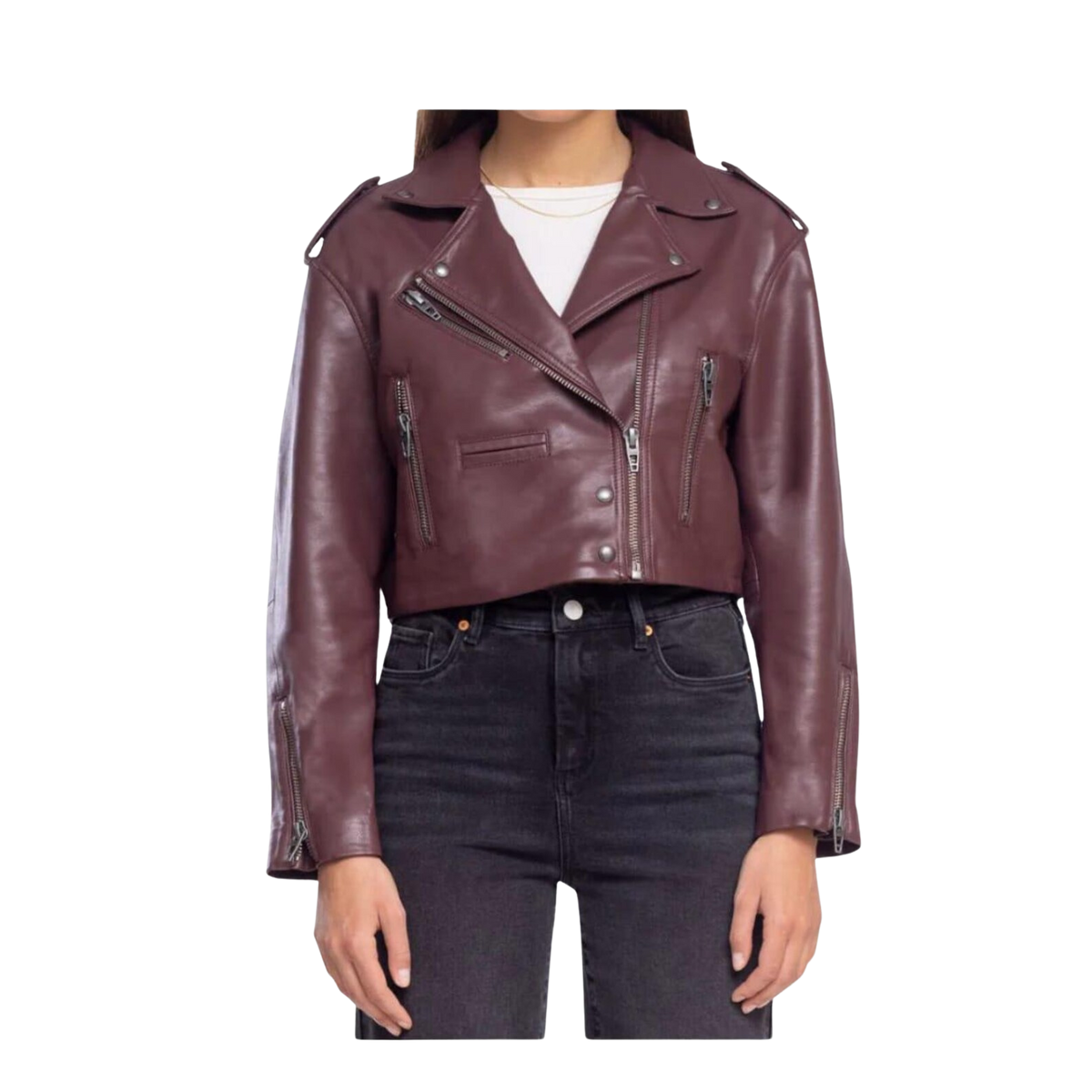 Purple leather jacket worn by a person 