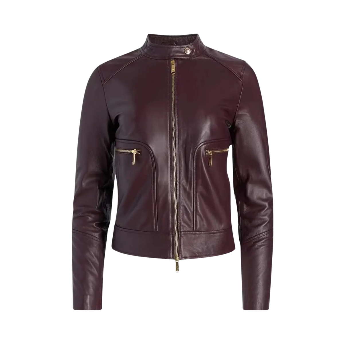 Maroon leather jacket with gold zippers