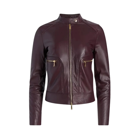 Maroon leather jacket with gold zippers