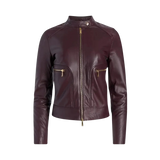 Maroon leather jacket with gold zippers