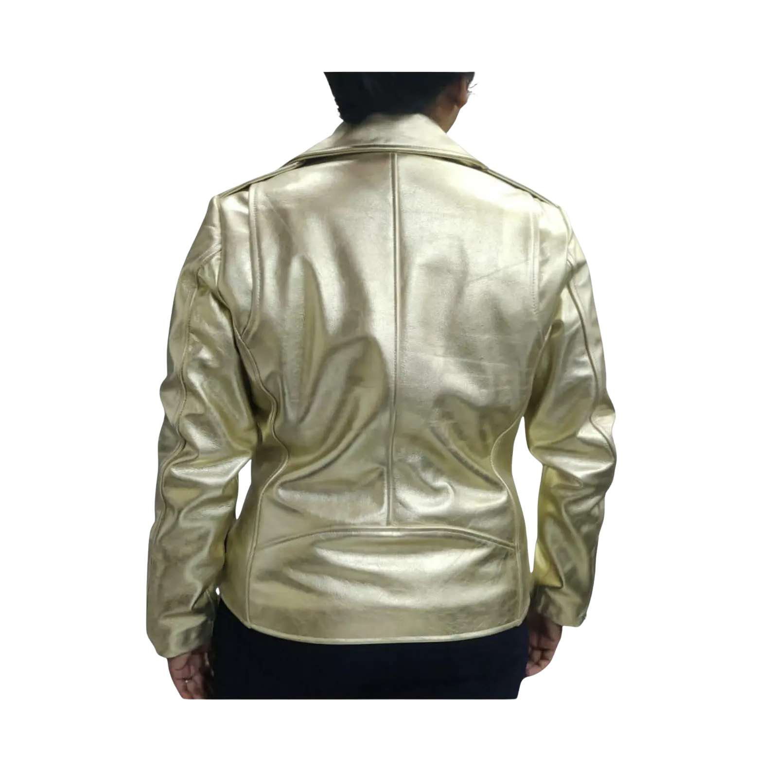 Gold leather jacket worn by a person 
