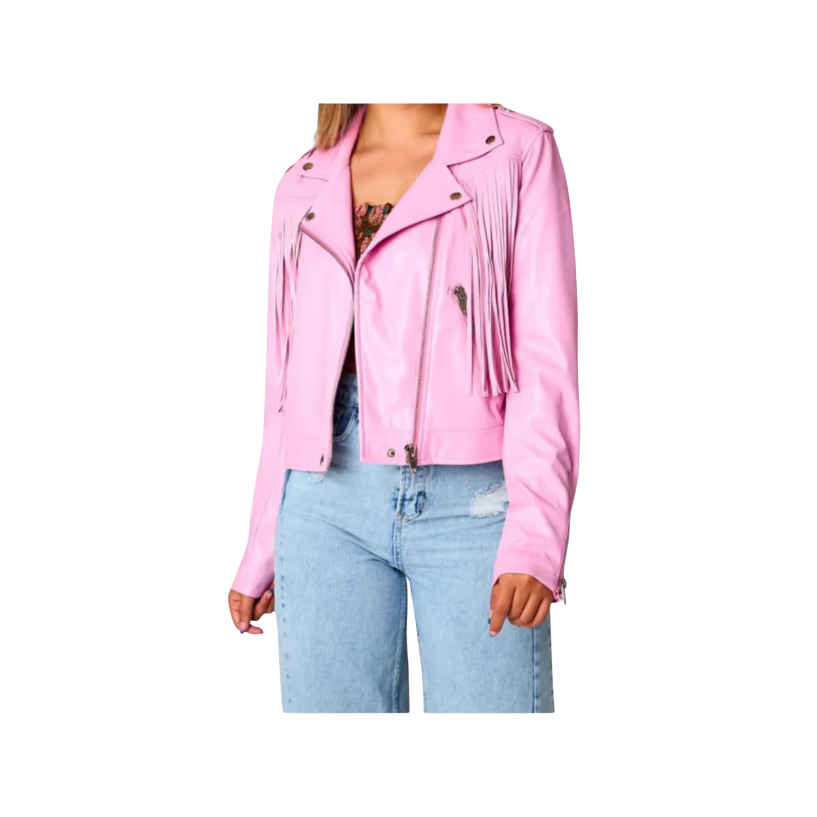 Pink leather jacket worn by a person 