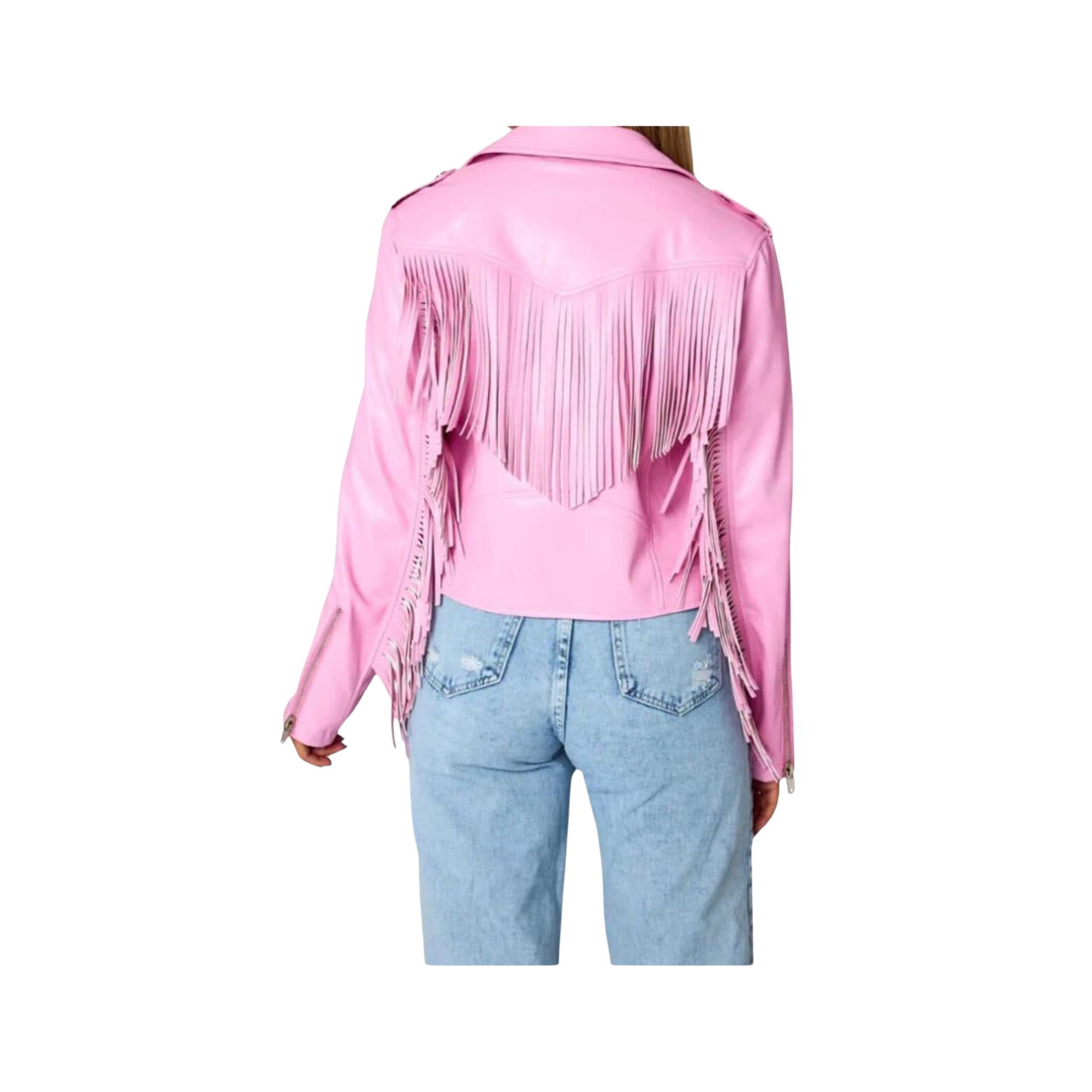 Pink fringe jacket worn by a person 