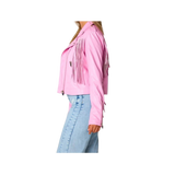Pink jacket with fringe details worn by a person 