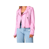 Pink leather jacket worn by a person 