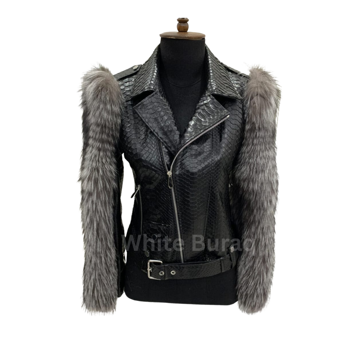 Black leather jacket with fur sleeves on a mannequin 