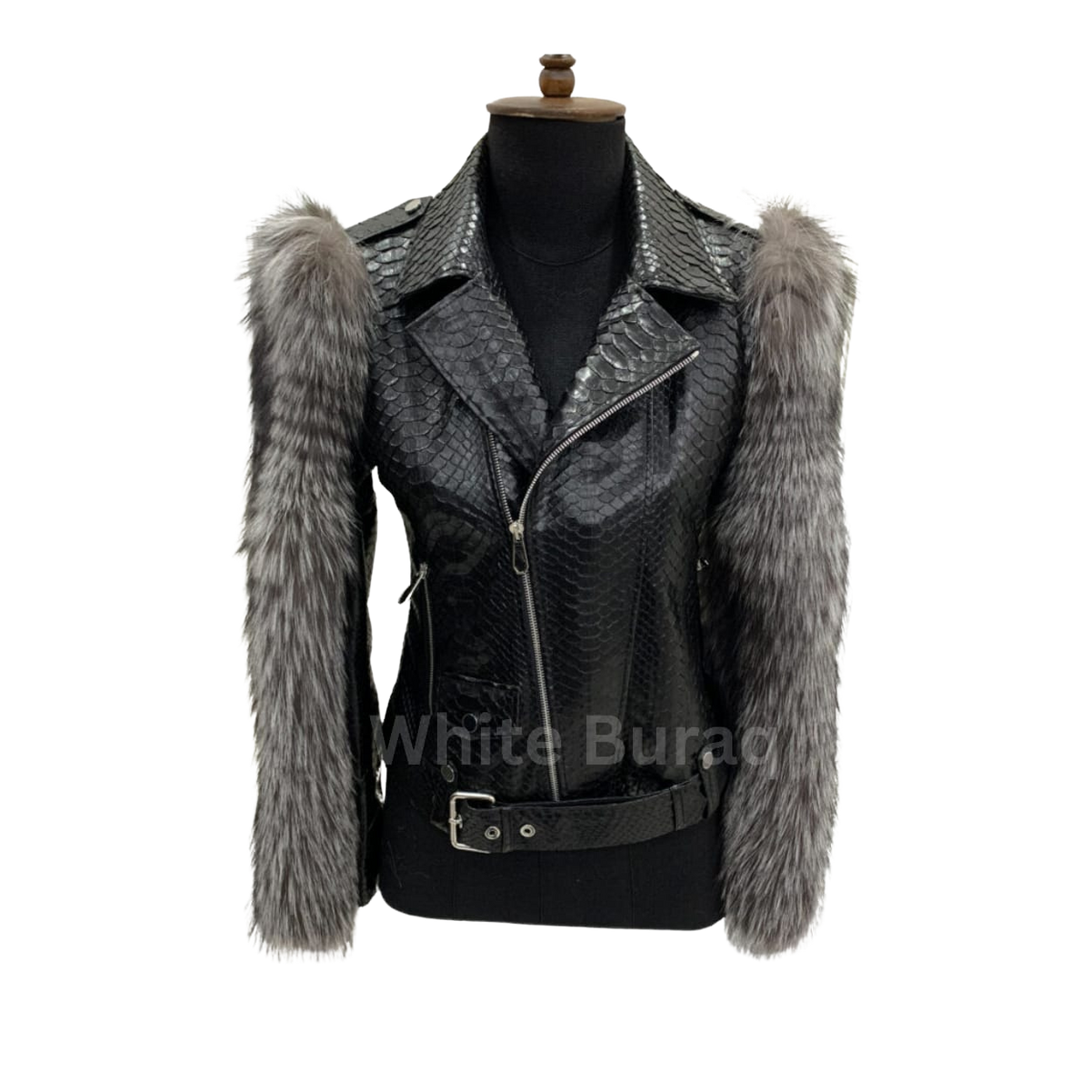 Black leather jacket with fur sleeves on a mannequin 