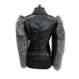 Black leather jacket with fur sleeves on a mannequin 