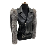 Black leather jacket with fur sleeves on a mannequin 