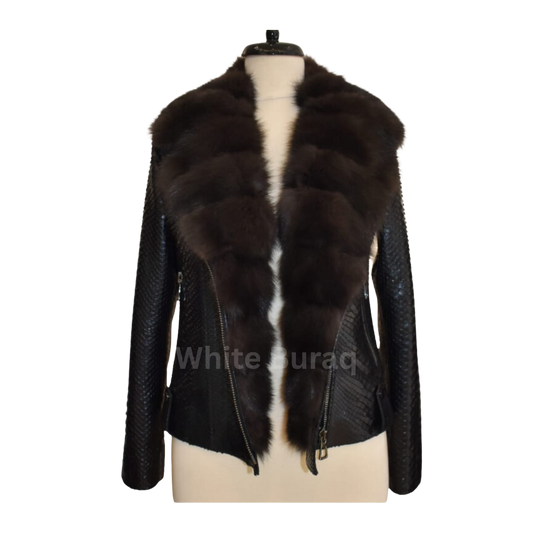 Black leather jacket with fur trim 
