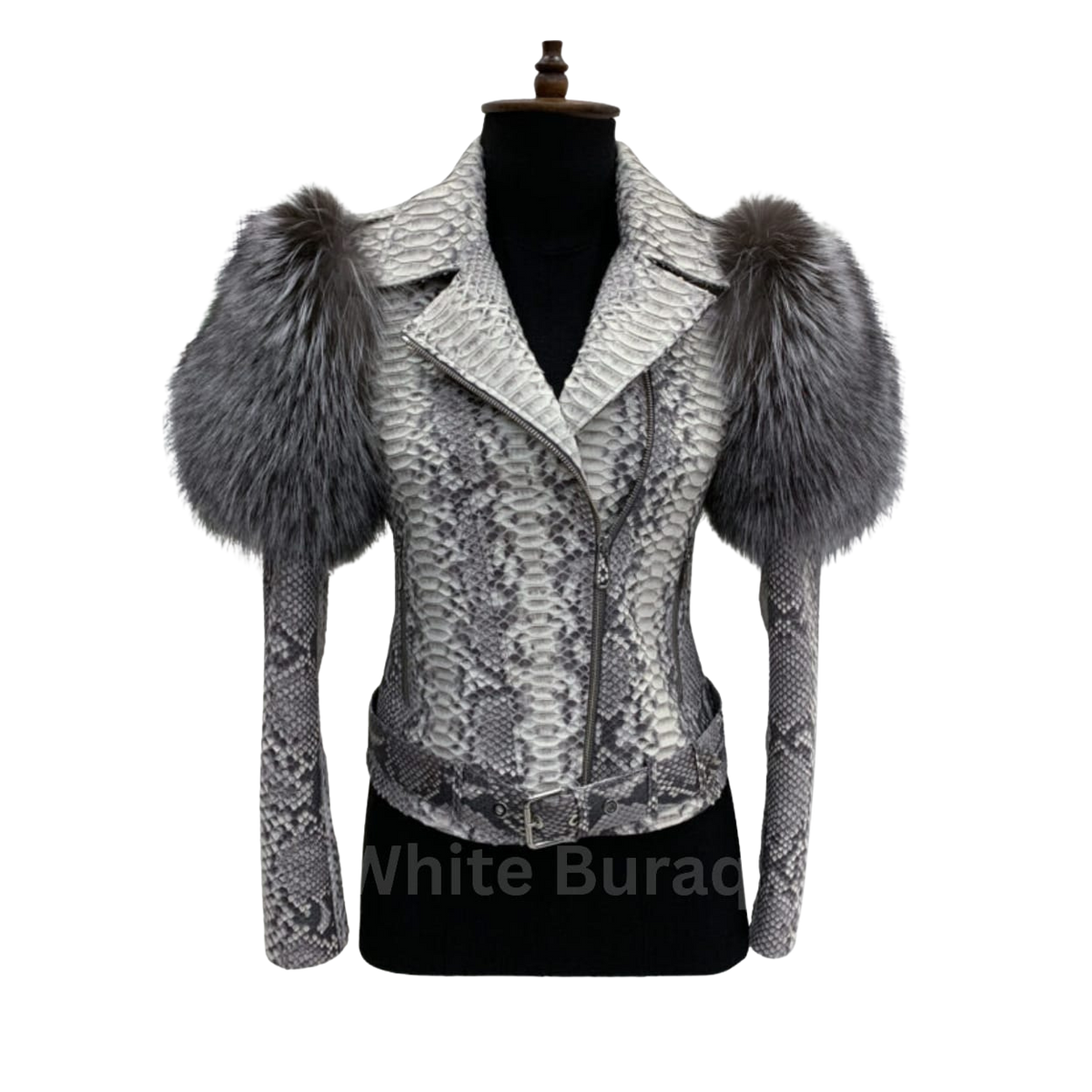 Snakeskin-patterned jacket with fur shoulders on a mannequin