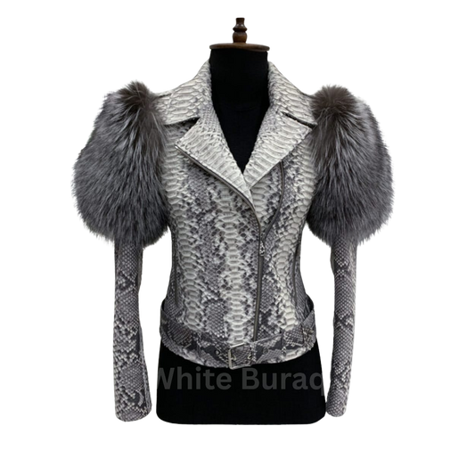 Snakeskin-patterned jacket with fur shoulders on a mannequin