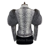 Mannequin wearing a snake print jacket with fur sleeves