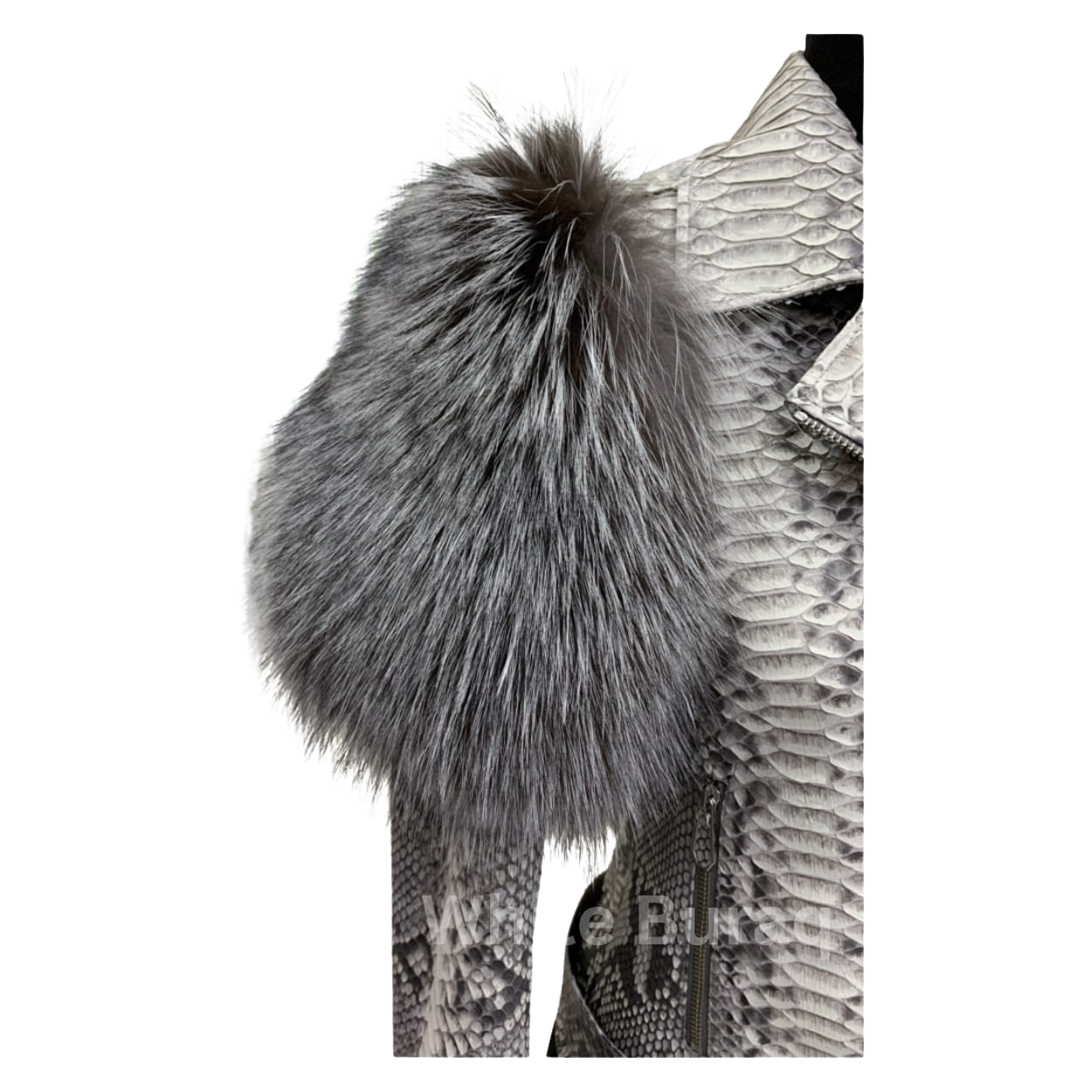 Close-up of a fur-lined hood with a textured pattern 