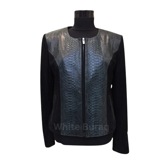 Women's Python Leather Jacket Exotic Suede Biker Jacket